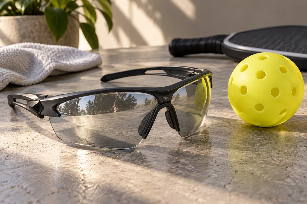 Paire de lunettes de protection sportives posée à côté d'une raquette et d'une balle.